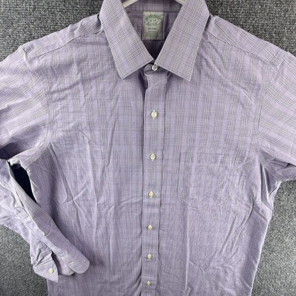 Brooks Brothers Milano Cotton Check Non-Iron 16 34 Purple Shirt Long Sleeve Men - Picture 1 of 12